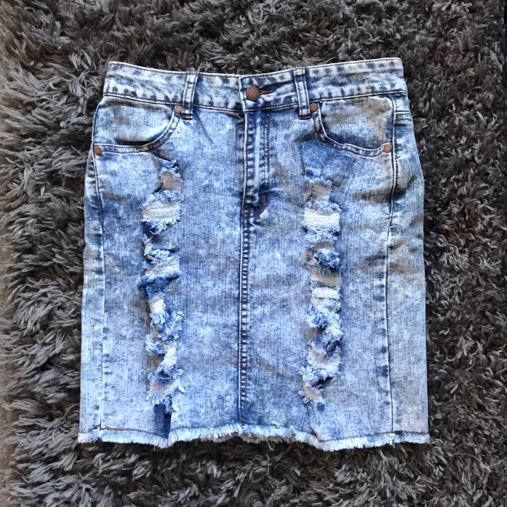 Distressed midi denim skirt